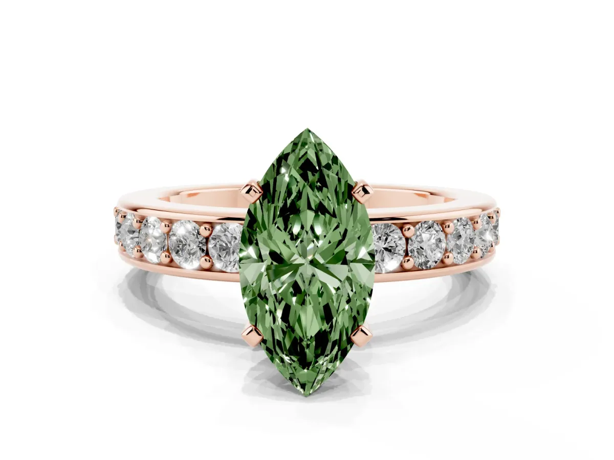 Fancy Green Marquise Cut Diamond Engagement Ring with Channel Set Round Band and Prong Setting Rose gold