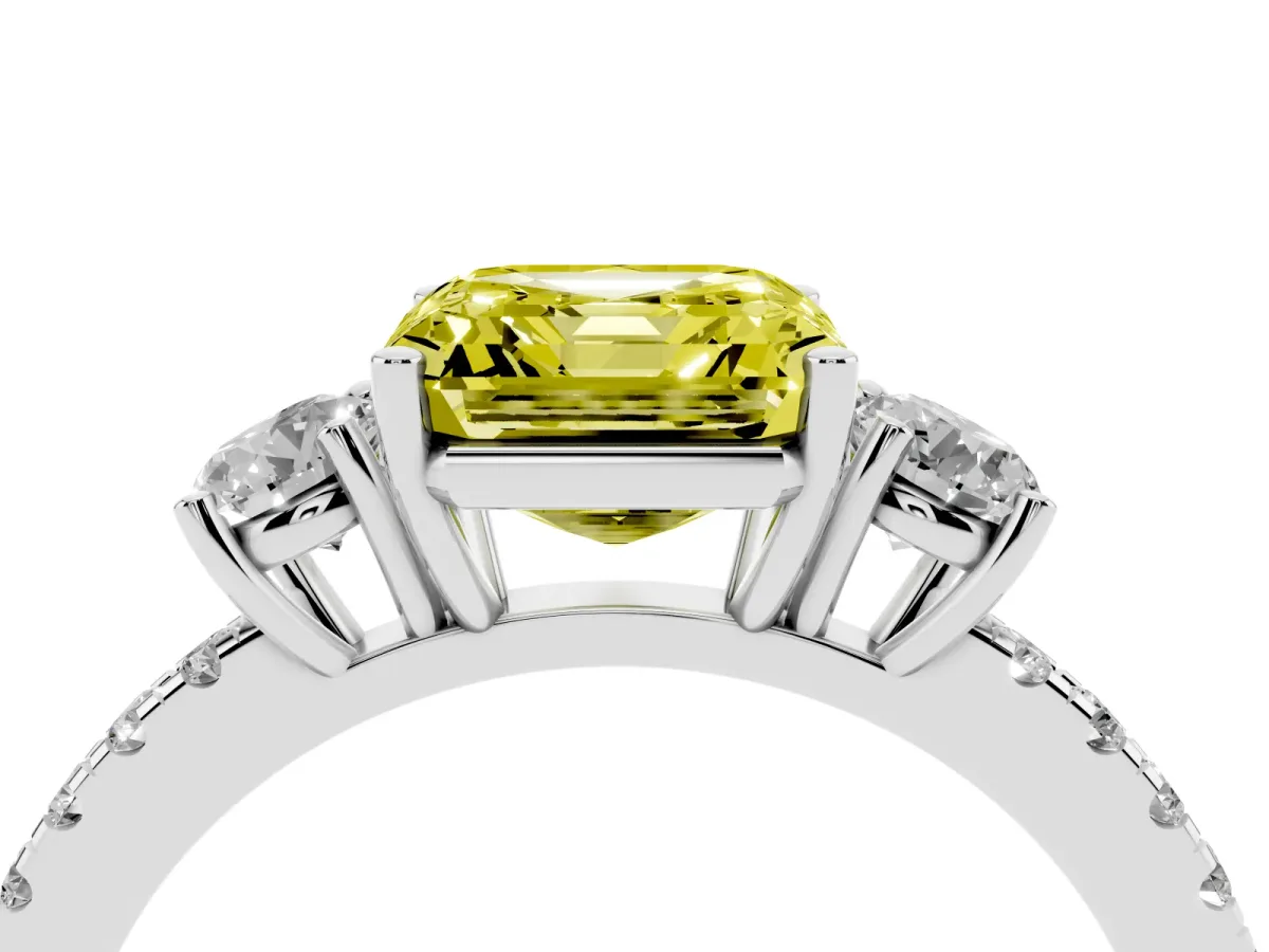 Fancy Yellow Three-Stone Asscher Cut Cut Diamond Pavé Band with Prong Setting Silver