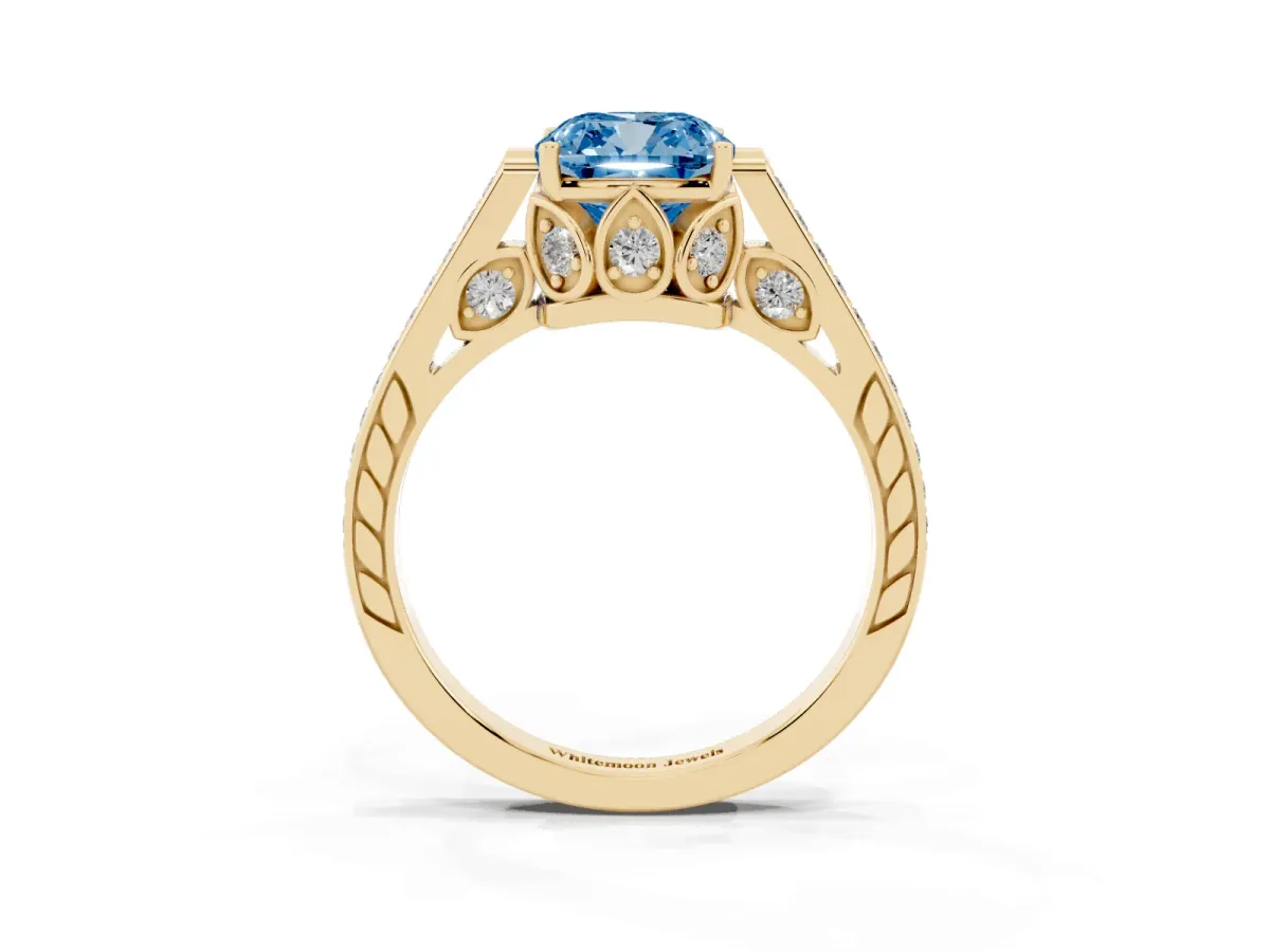 Fancy Blue Cushion Cut Cut Cathedral Pave Diamond Engagement Ring with Six-Prong Setting Yellow gold