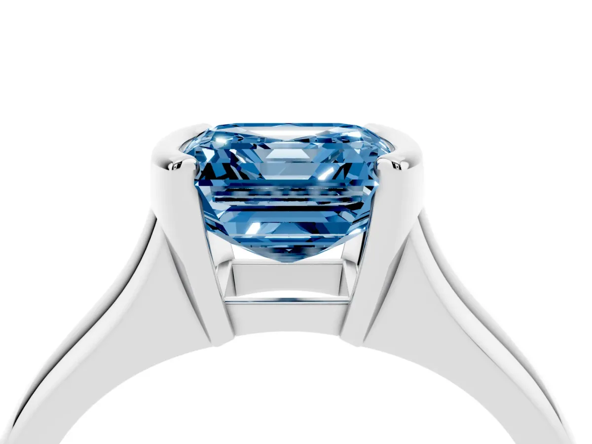Fancy Blue Asscher Cut Solitaire Tension Set Diamond Ring with Split Shank Band Silver