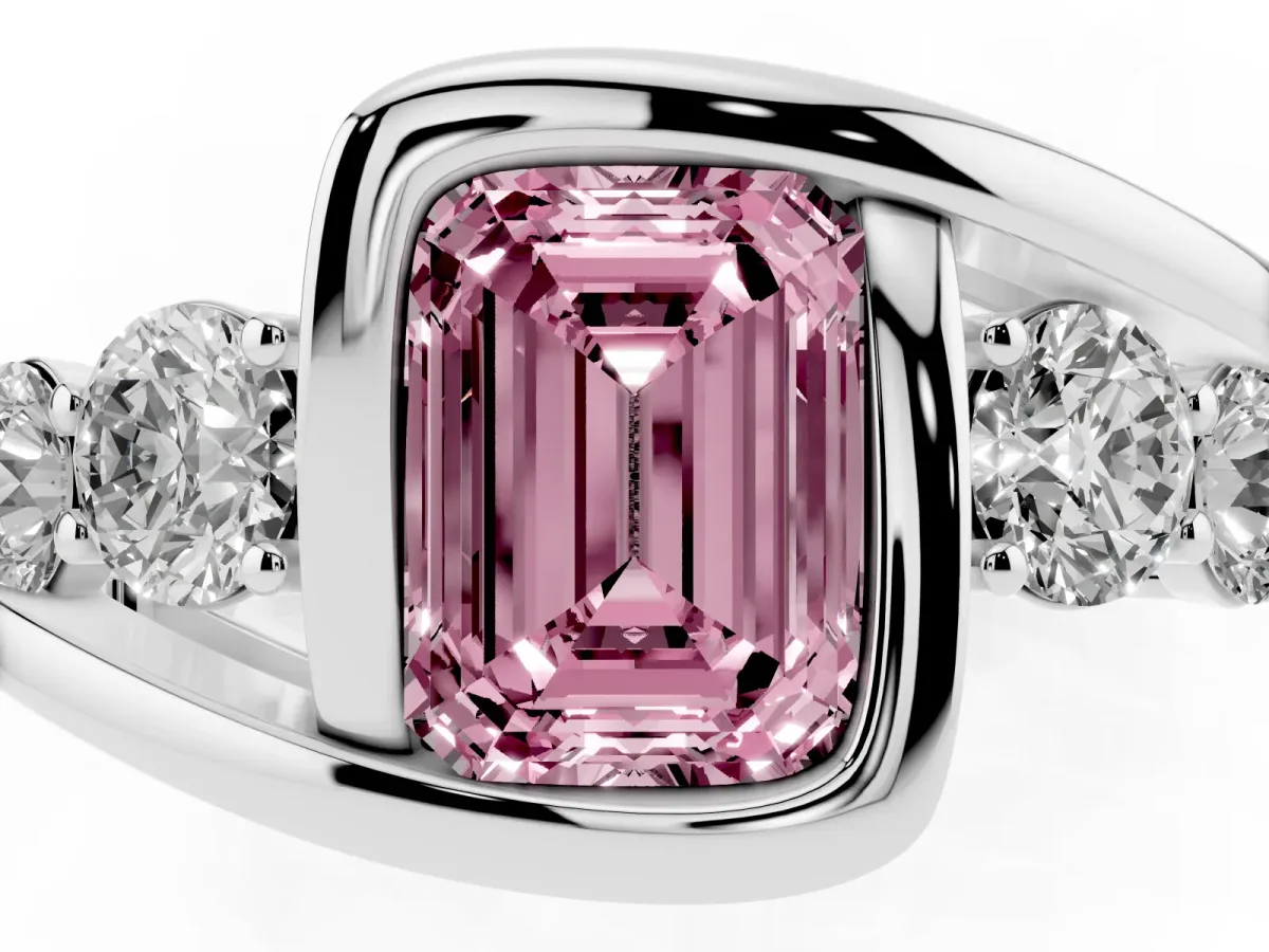 Fancy Pink Bezel Set Emerald Cut Diamond Bypass Ring with Round Accents Platinum
