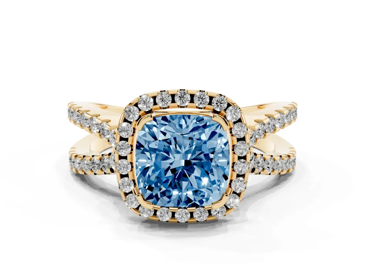 Fancy Blue Cushion Cut Diamond Halo Ring with Split Shank Pavé Band and Prong Setting Yellow gold
