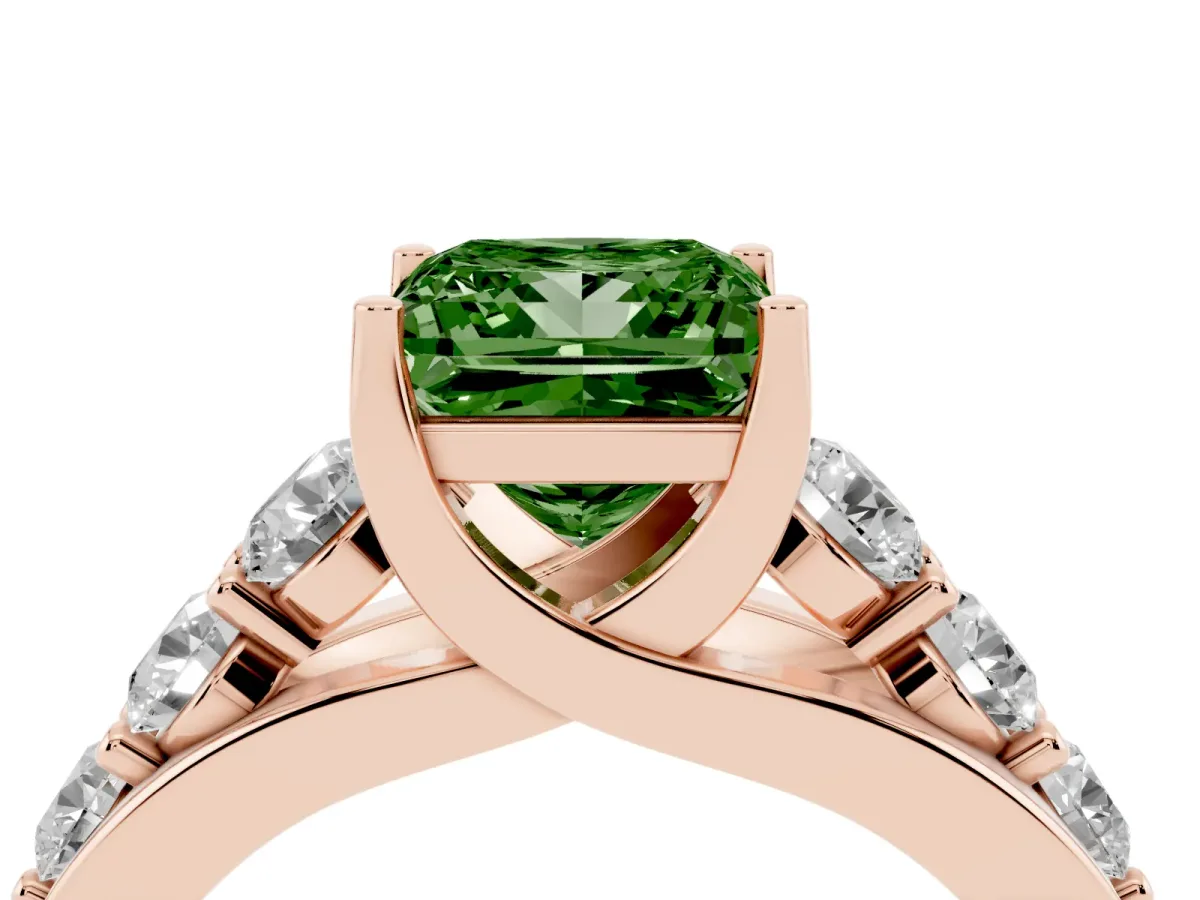Fancy Green Princess Cut Diamond Engagement Ring with Pavé Band and Four-Prong Setting Rose gold