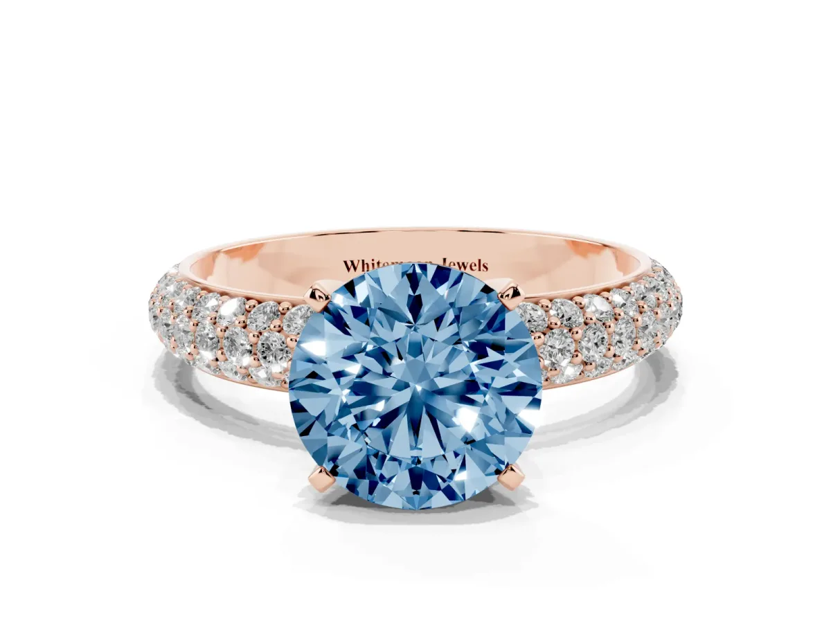 Fancy Blue Round Cut Diamond Solitaire Ring with Prong Setting and Pavé Band Rose gold