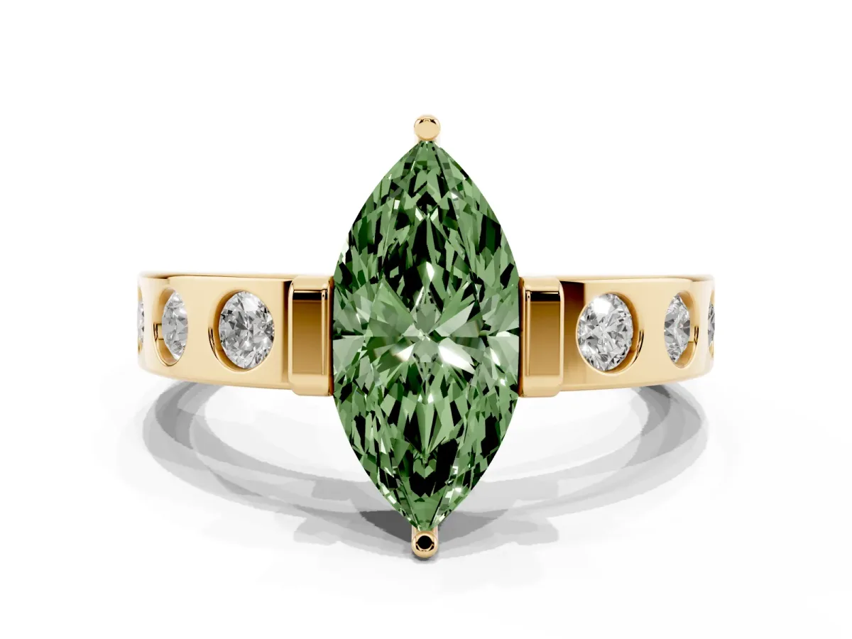 Fancy Green Marquise Cut Brilliant Channel-Set Diamond Ring with Bezel Prong Setting Yellow gold