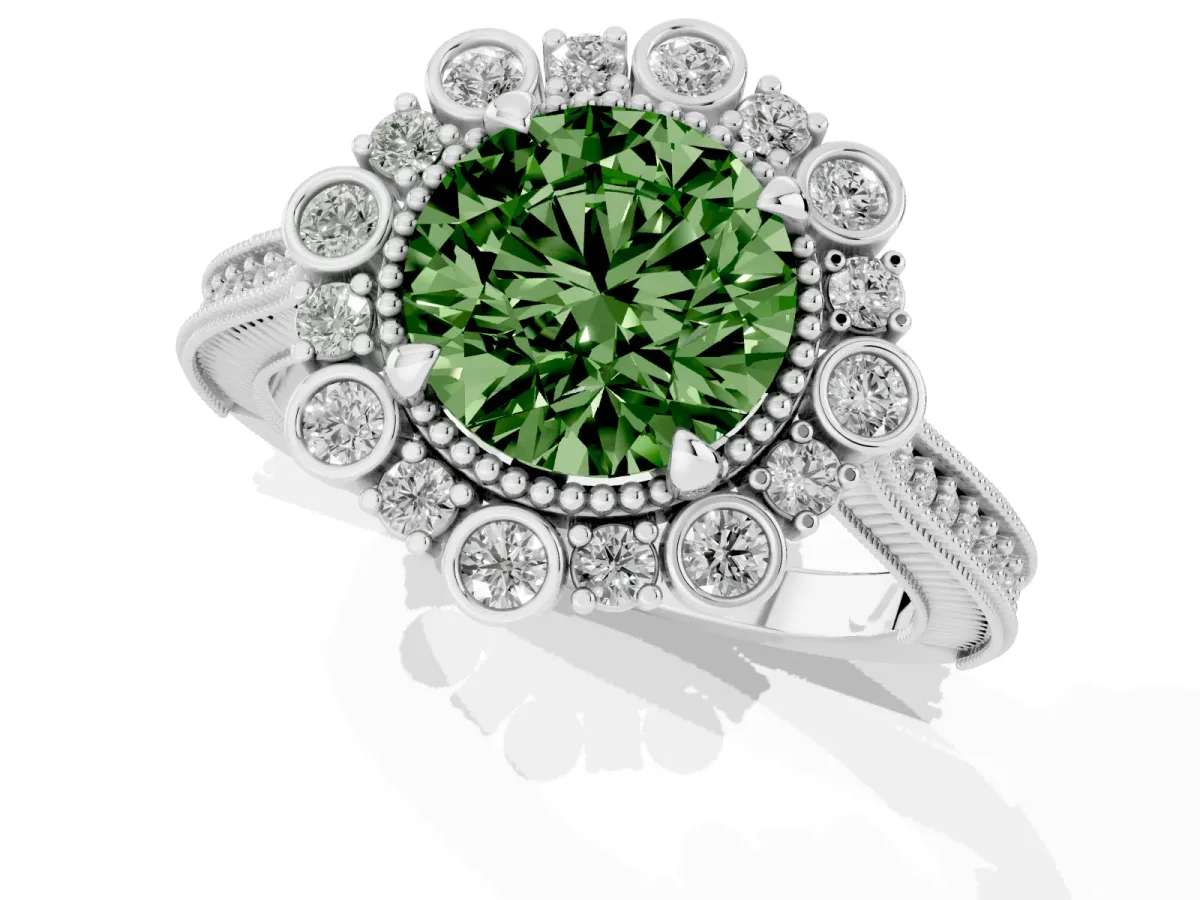 Fancy Green Round Cut Halo Milgrain Pave Diamond Ring with Four-Prong Setting Silver