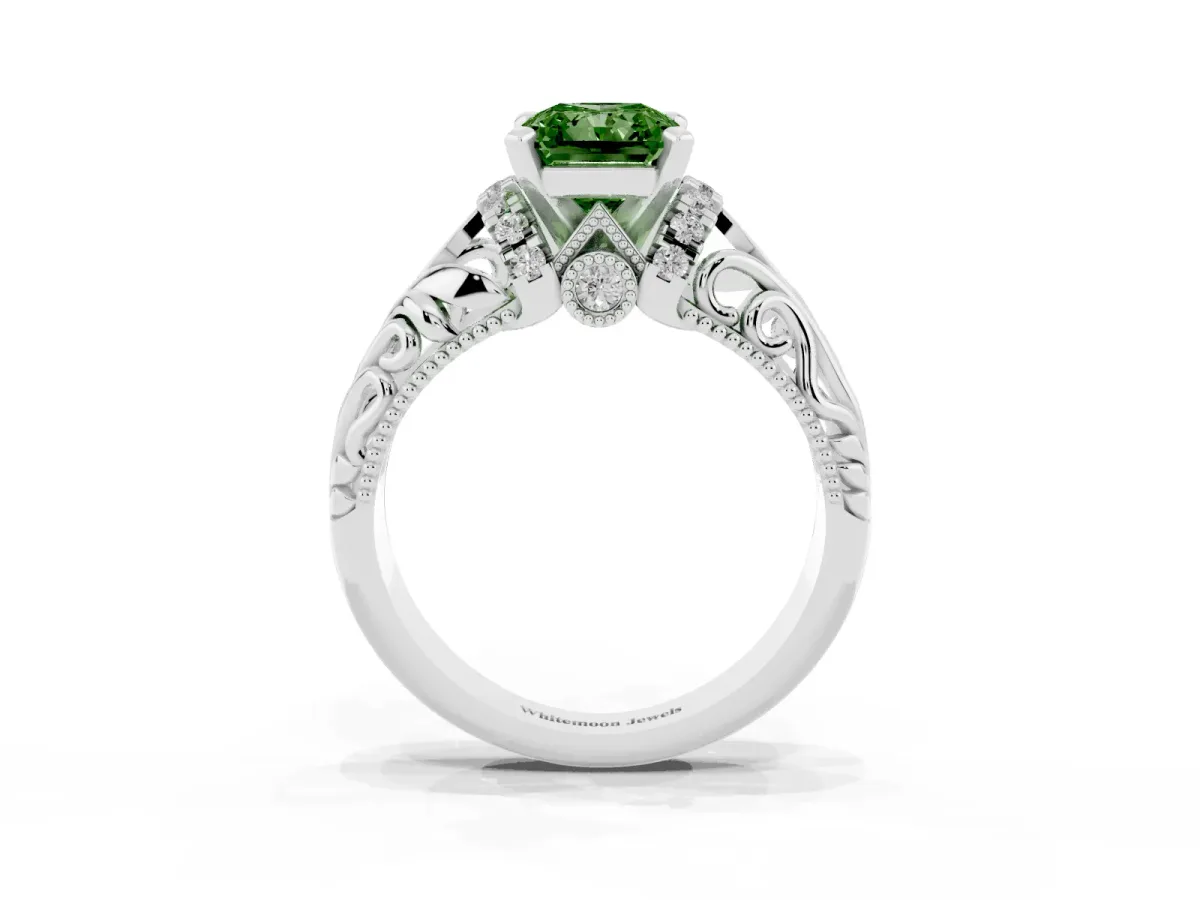Fancy Green Radiant Cut Solitaire Filigree Engagement Ring with Halo and Prong Setting White gold