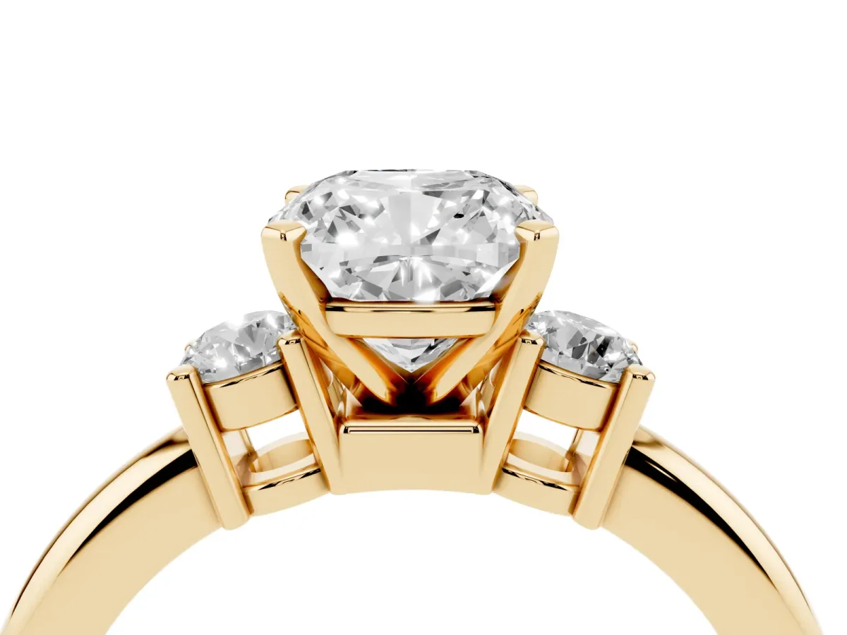 Three-Stone Cushion Cut Cut Diamond Solitaire with Prong Setting and Classic Band Yellow gold