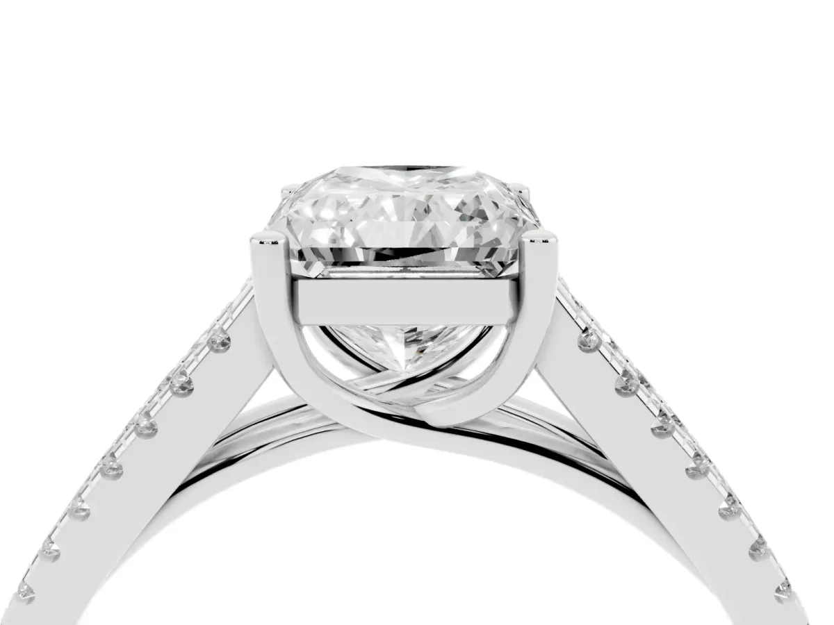 Radiant Cut Diamond Solitaire Engagement Ring with Split Shank Pavé Band Silver
