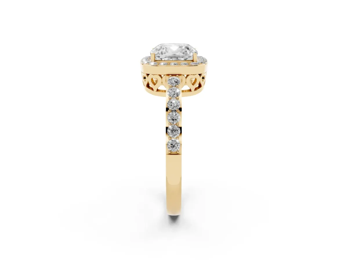 Cushion Cut Halo Diamond Pavé Band Ring with Prong Setting Yellow gold