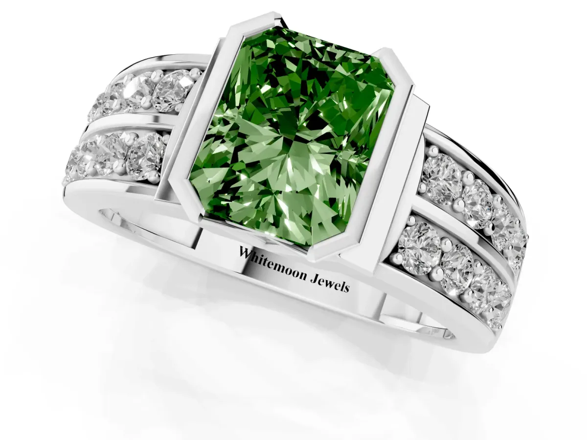 Fancy Green Radiant Cut Brilliant Diamond Channel Set Wide Band Ring with Bezel Setting Silver