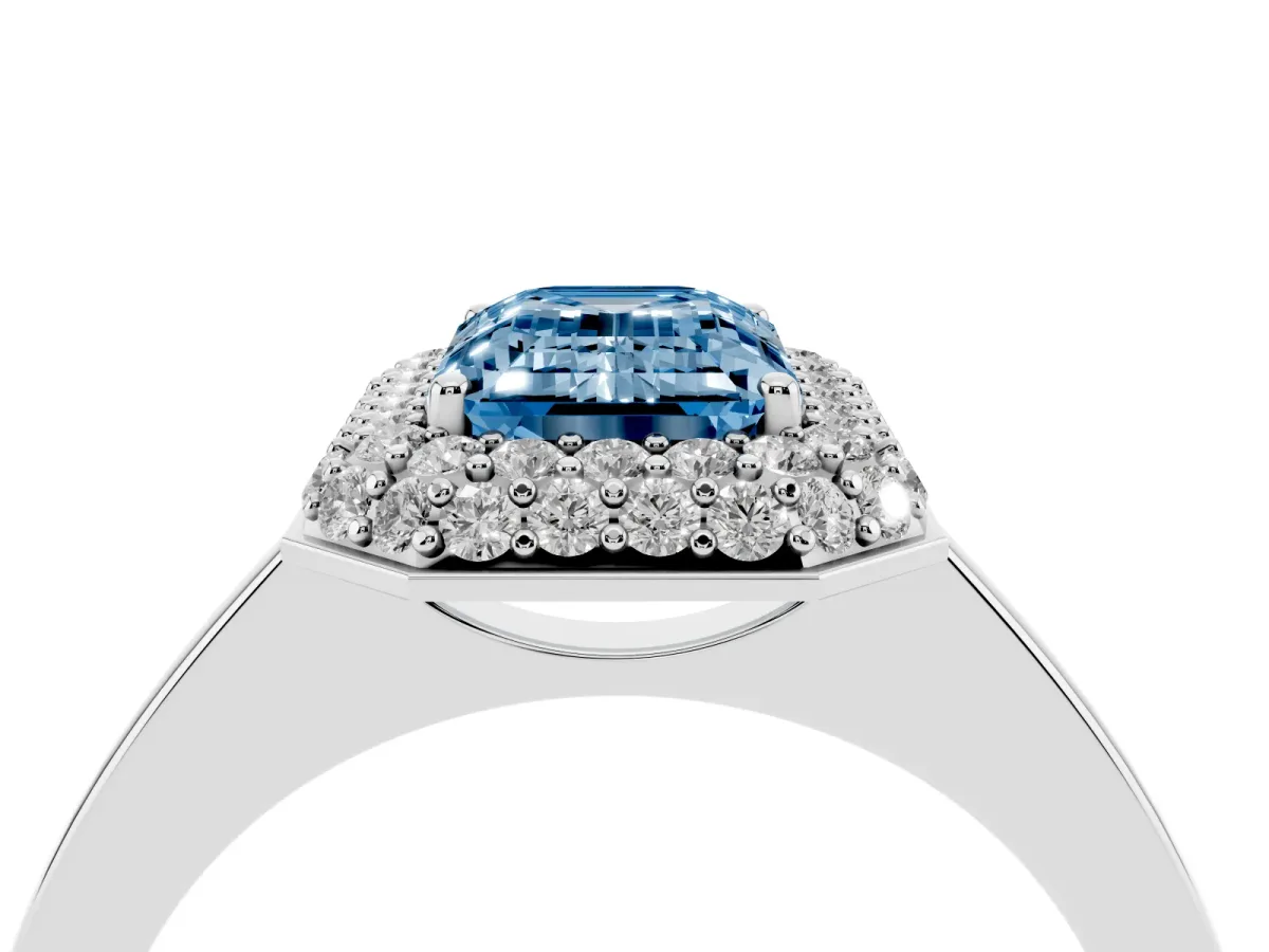 Fancy Blue Emerald Cut Halo Diamond Engagement Ring with Solitaire Band and Four-Prong Setting Silver