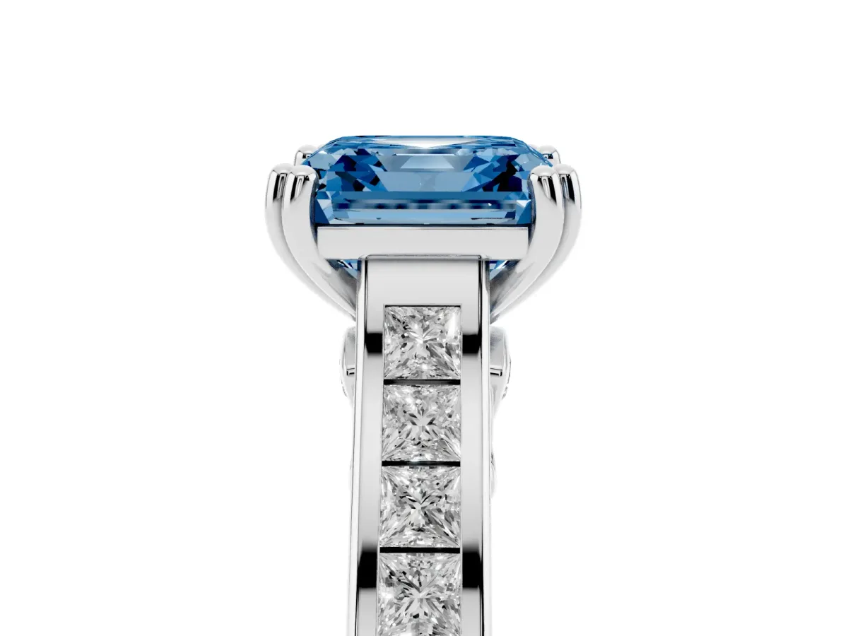 Fancy Blue Asscher Cut Cut Channel Set Solitaire Engagement Ring with Prong Setting Silver
