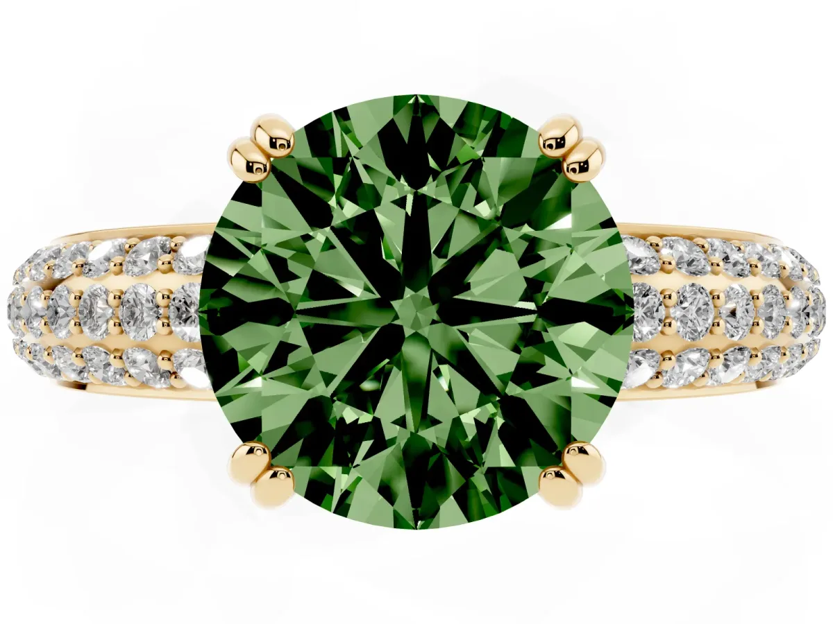 Fancy Green Round Cut Diamond Solitaire Ring with Multi-Row Round Pavé Band and Prong Setting Yellow gold