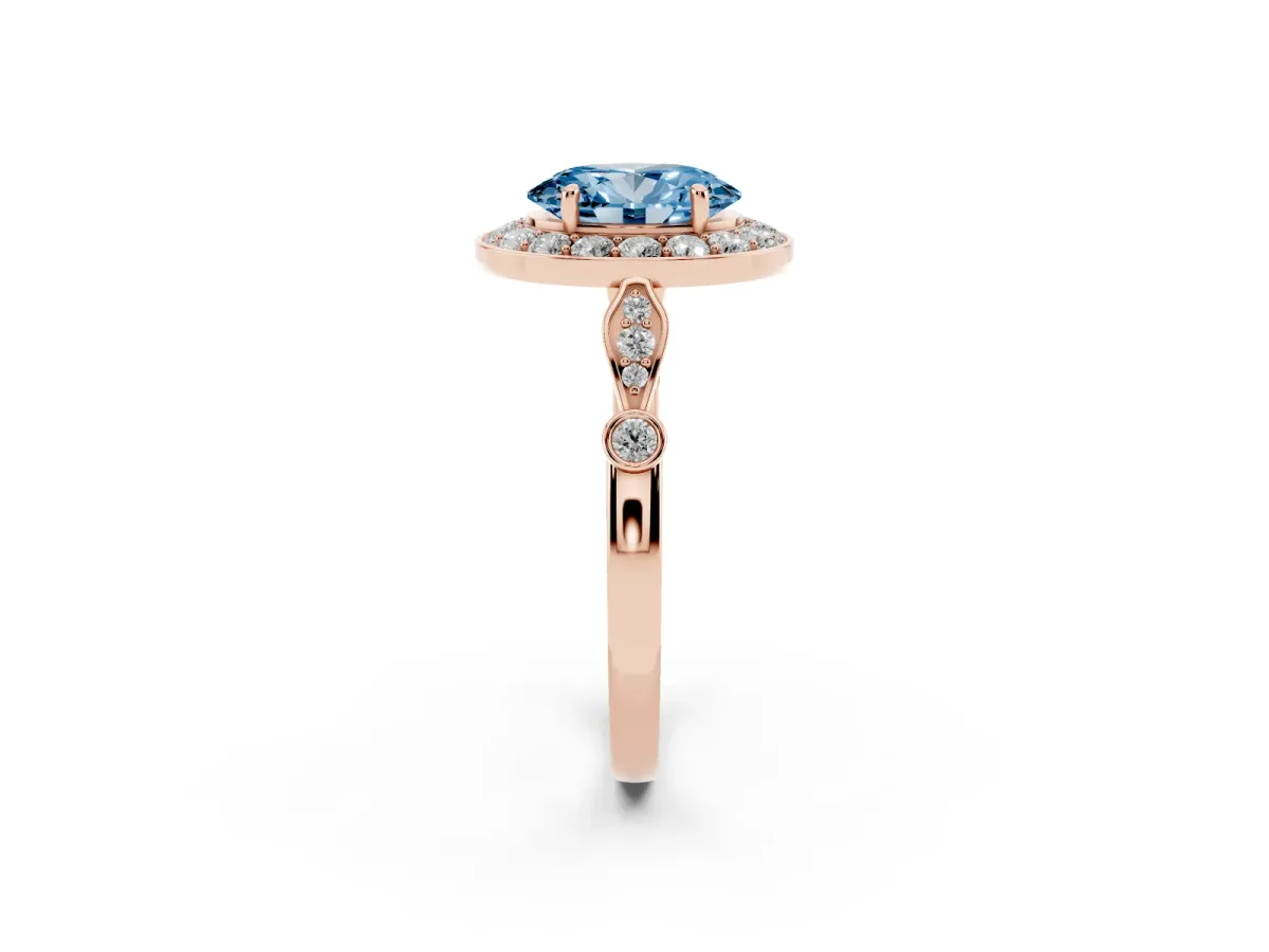Fancy Blue Oval Cut Halo Diamond Engagement Ring with Twisted Band and Four-Prong Setting Rose gold