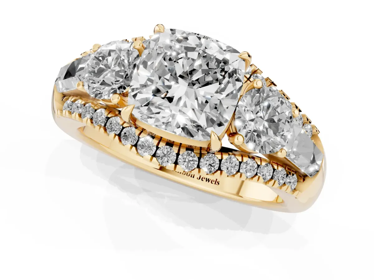 Three-Stone Cushion Cut Diamond Engagement Ring with Pave Band and Prong Setting Yellow gold