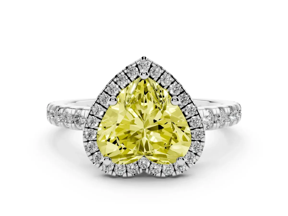 Fancy Yellow Heart Cut Diamond Halo Ring with Pavé Band and Four-Prong Setting White gold