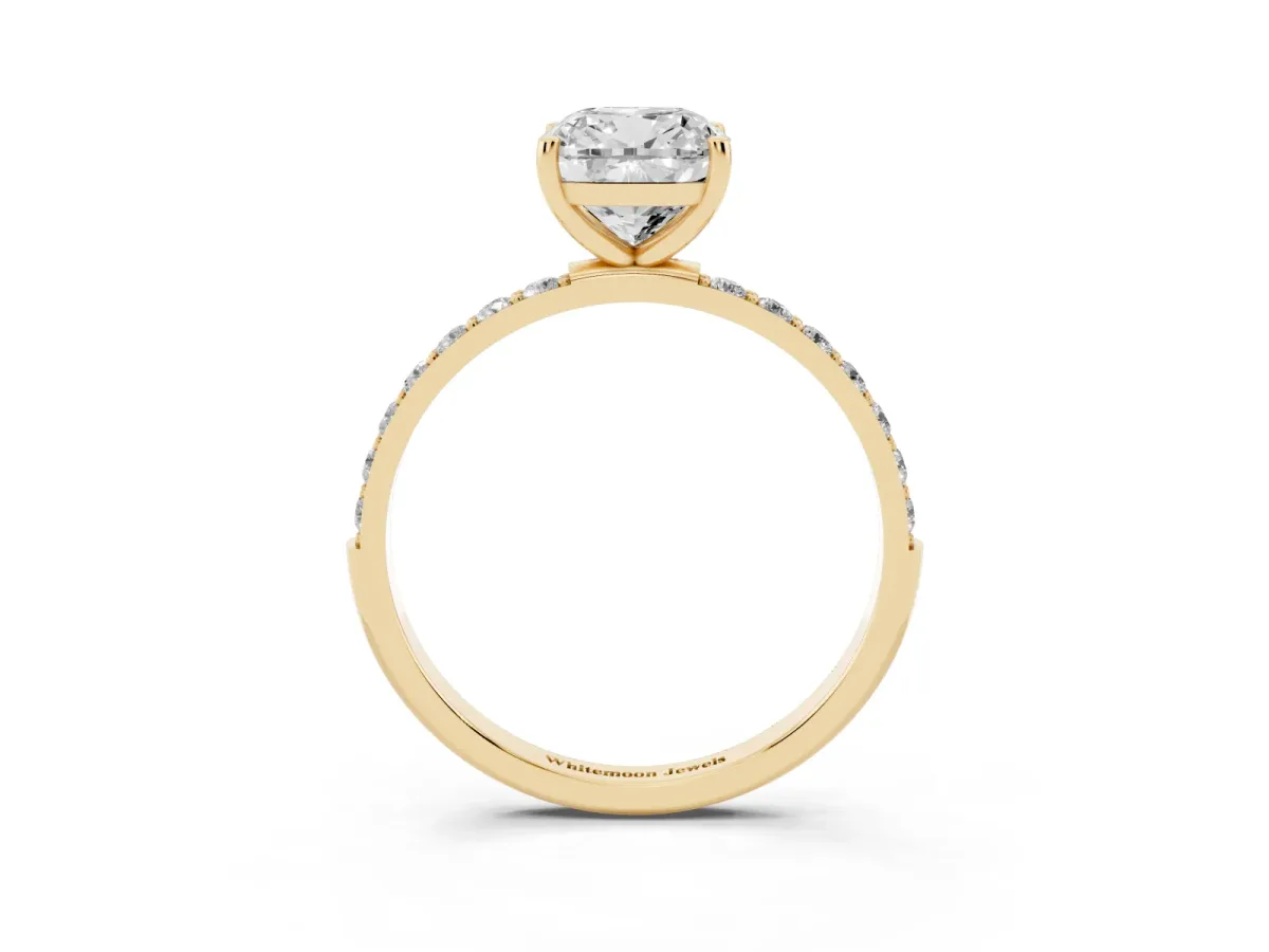 Cushion Cut Diamond Solitaire Ring with Round Pavé Shoulders and Prong Setting Yellow gold