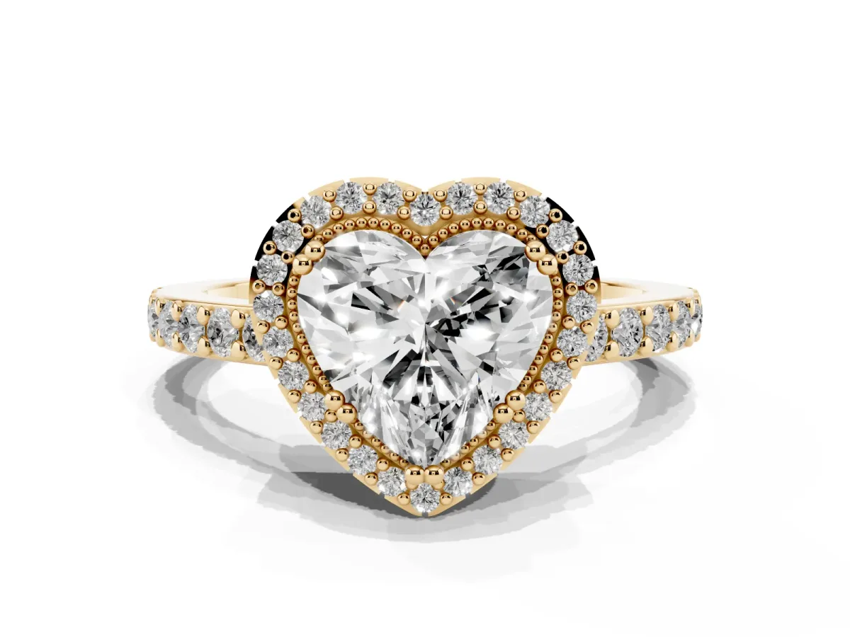 Heart Cut Cut Diamond Halo Engagement Ring with Milgrain Detail and Pavé Band Yellow gold