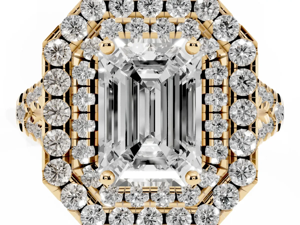 Double Halo Emerald Cut Diamond Pavé Split Shank Ring with Prong Setting Yellow gold