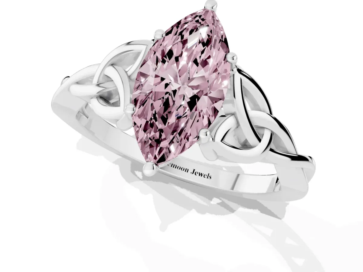 Fancy Pink Marquise Cut Diamond Solitaire Engagement Ring with Celtic Knot Band and Four-Prong Setting White gold