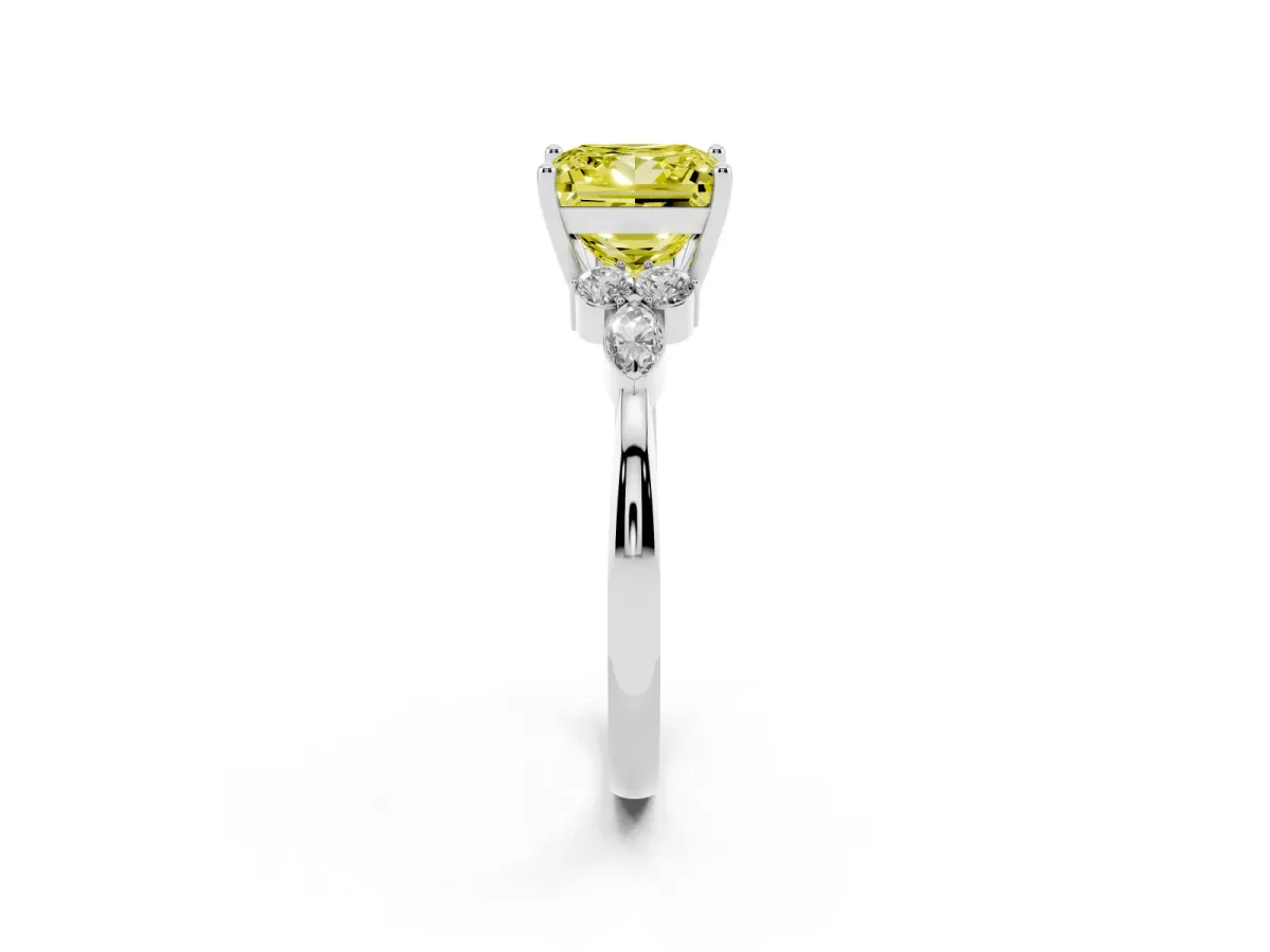 Fancy Yellow Princess Cut Brilliant Diamond Solitaire Ring with Pear Side Stones and Four-Prong Setting Silver
