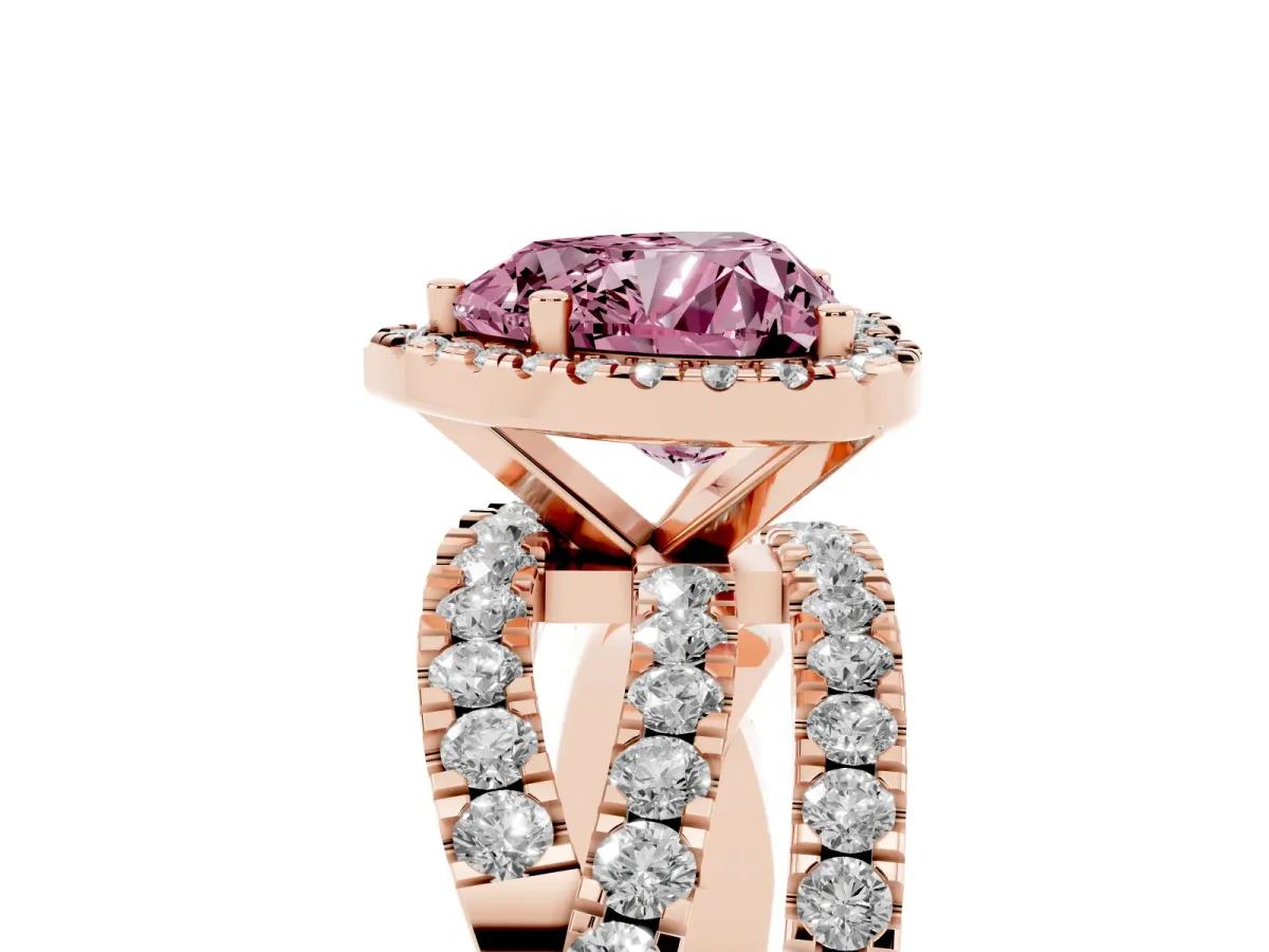 Fancy Pink Heart Cut Diamond Halo Ring with Round Split Shank and Prong Setting Rose gold