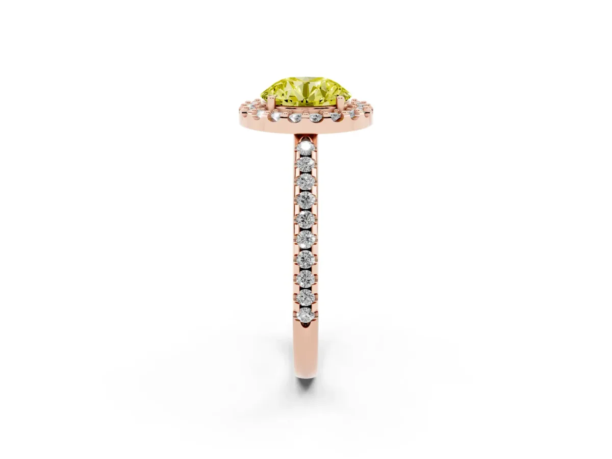Fancy Yellow Round Cut Diamond Pavé Halo Ring with Four-Prong Setting Rose gold