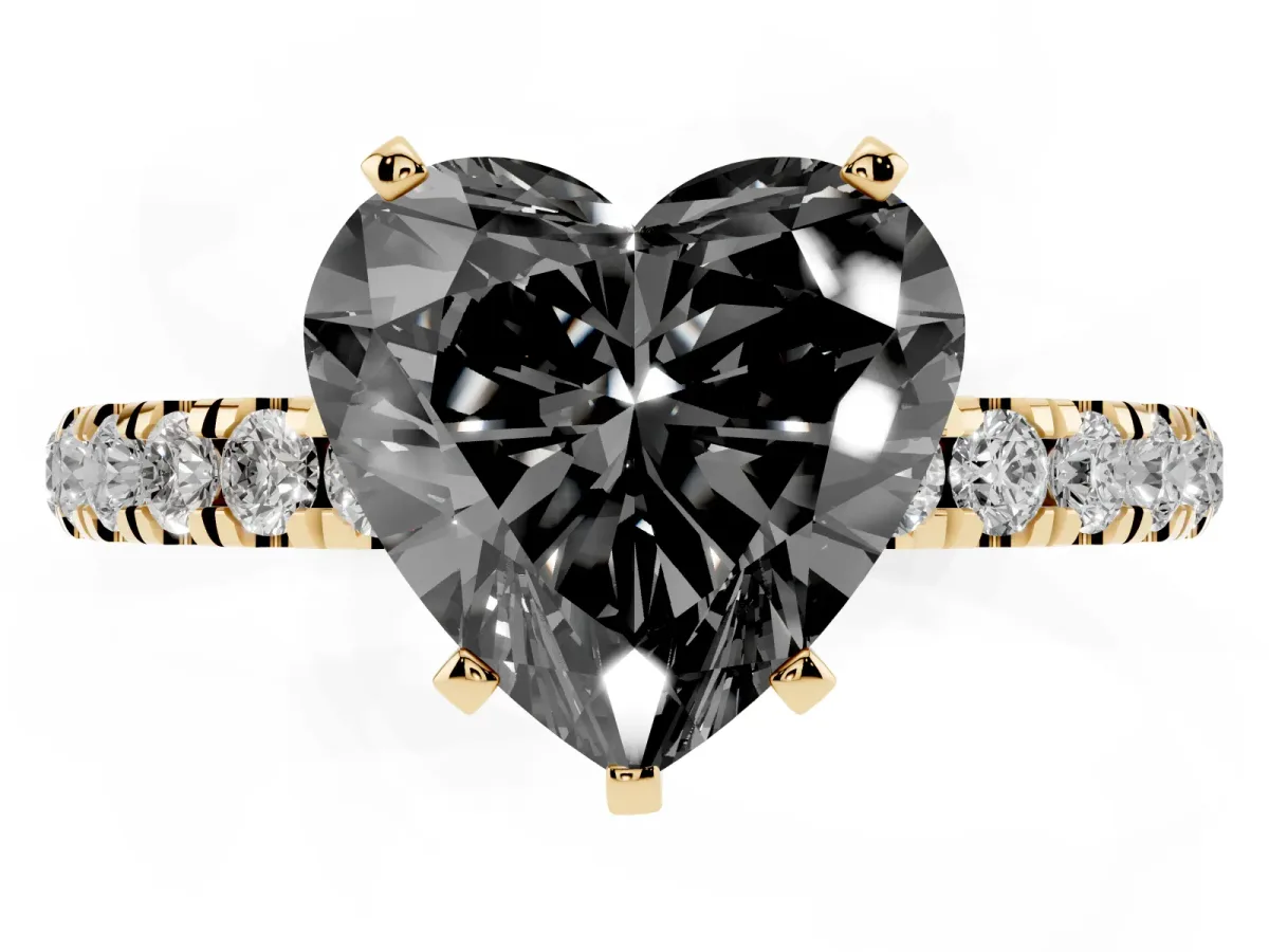 Fancy Black Heart Cut Diamond Solitaire Ring with Pavé Accents and Four-Prong Setting Yellow gold