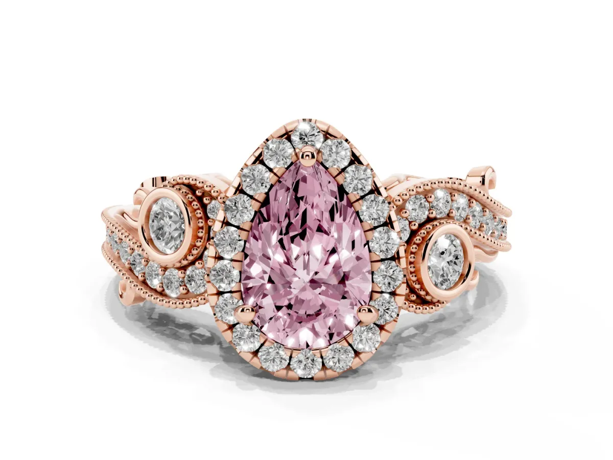 Fancy Pink Pear Cut Diamond Halo Ring with Milgrain Pavé Band and Four-Prong Setting Rose gold