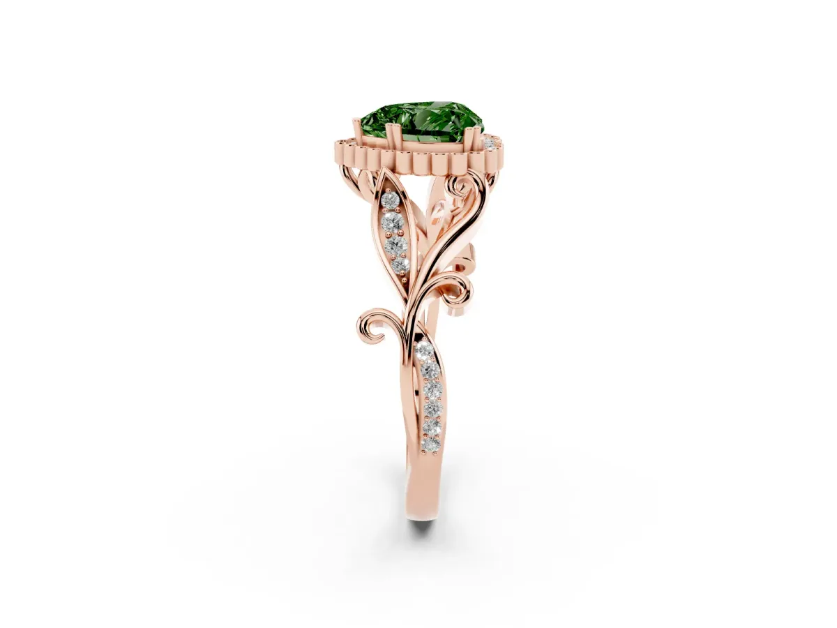 Fancy Green Heart Cut Diamond Halo Ring with Vintage Split Shank and Four-Prong Setting Rose gold