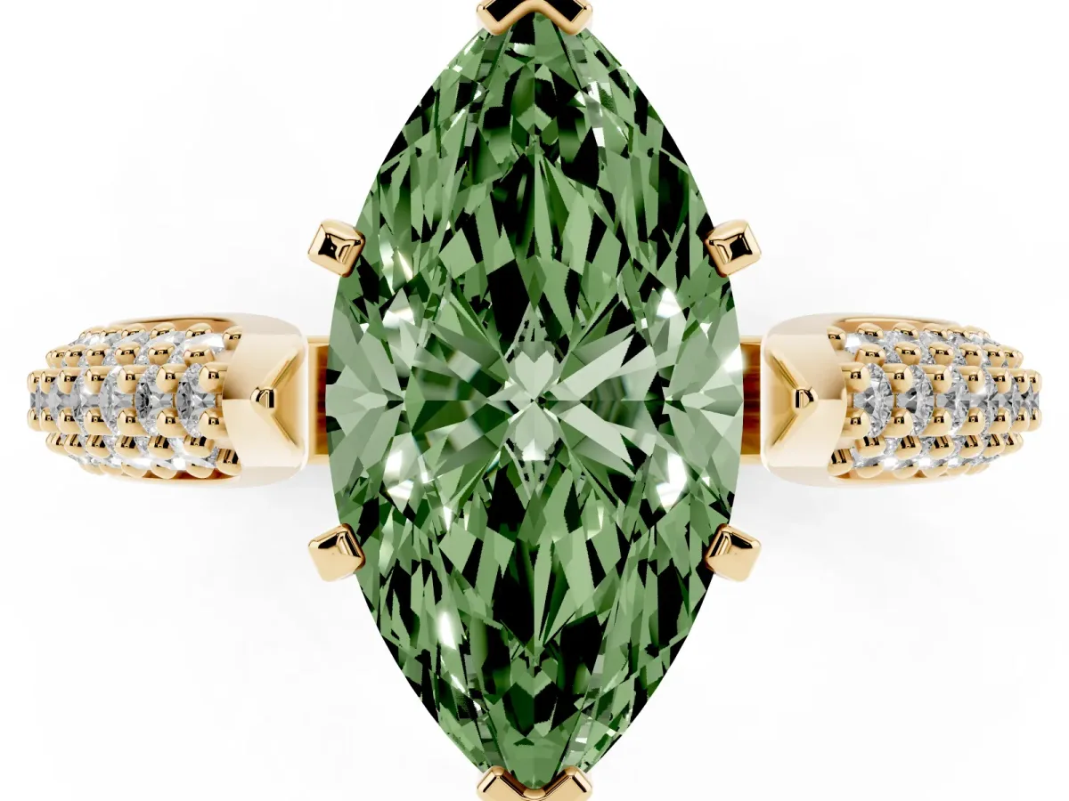 Fancy Green Marquise Cut Diamond Solitaire Engagement Ring with Multi-Row Round Pavé Band and Prong Setting Yellow gold