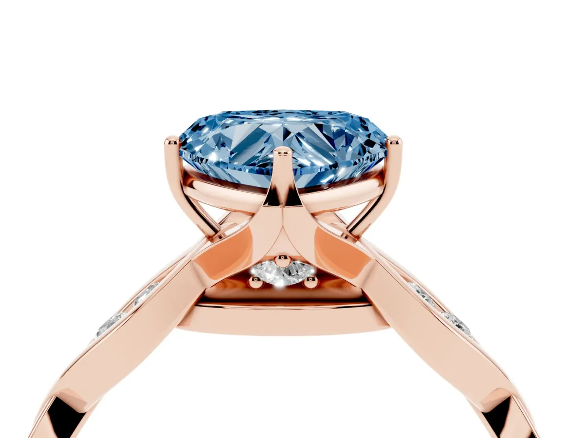 Fancy Blue Heart Cut Solitaire Twist Band with Leaf Prong Setting Rose gold