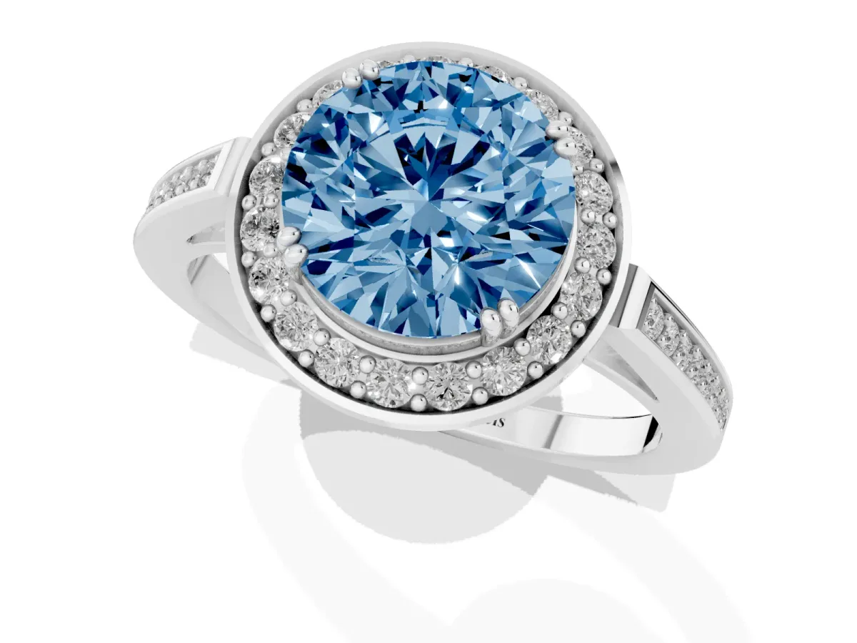 Fancy Blue Round Cut Diamond Halo Ring with Split Shank and Four-Prong Setting White gold