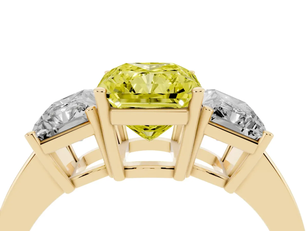 Fancy Yellow Three-Stone Radiant Cut Cut Diamond Engagement Ring with Flat Band and Four-Prong Setting Yellow gold