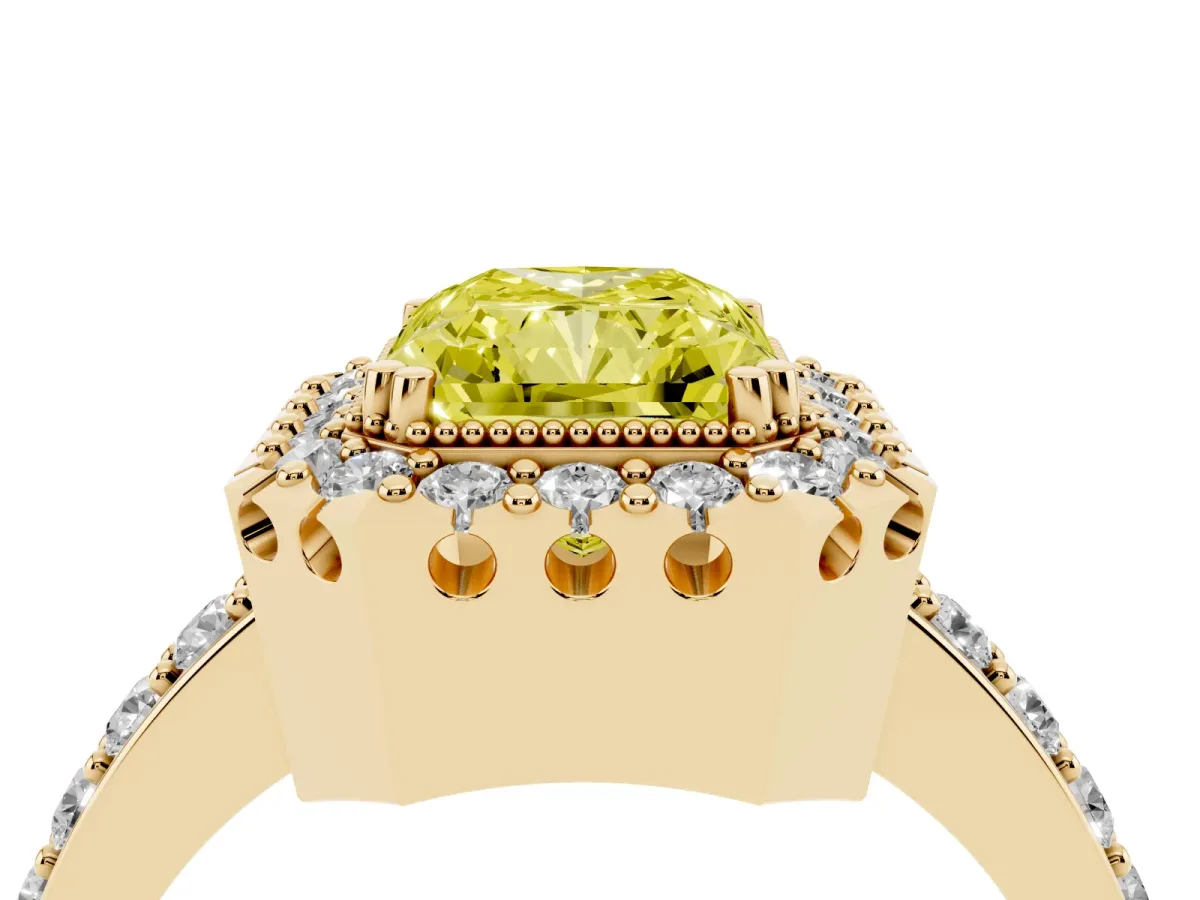 Fancy Yellow Radiant Cut Diamond Halo Ring with Pavé Band and Prong Setting Yellow gold