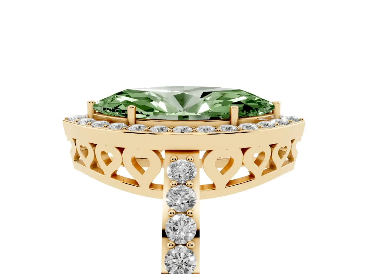 Fancy Green Marquise Cut Halo Diamond Pavé Band Ring with Prong Setting Yellow gold