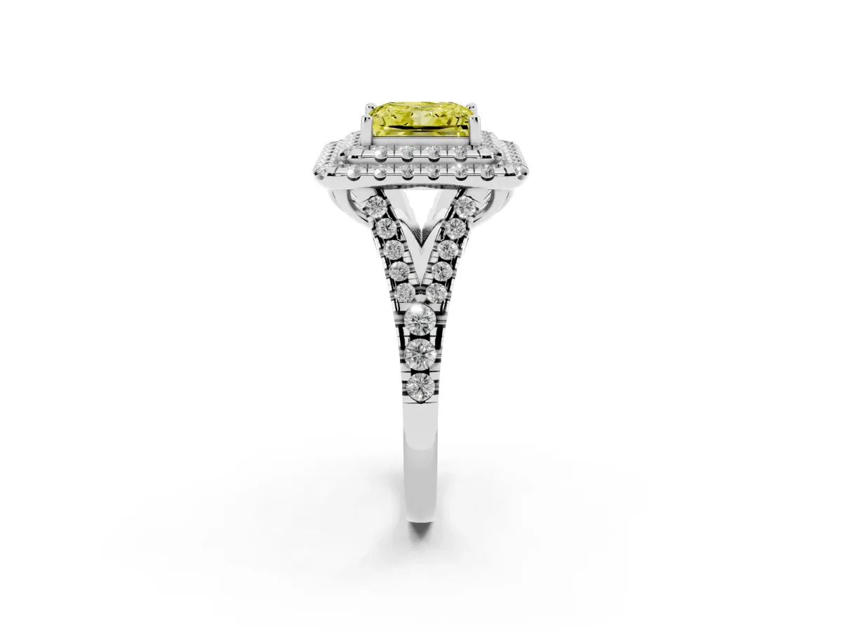 Fancy Yellow Double Halo Princess Cut Diamond Pavé Split Shank Ring with Prong Setting Silver