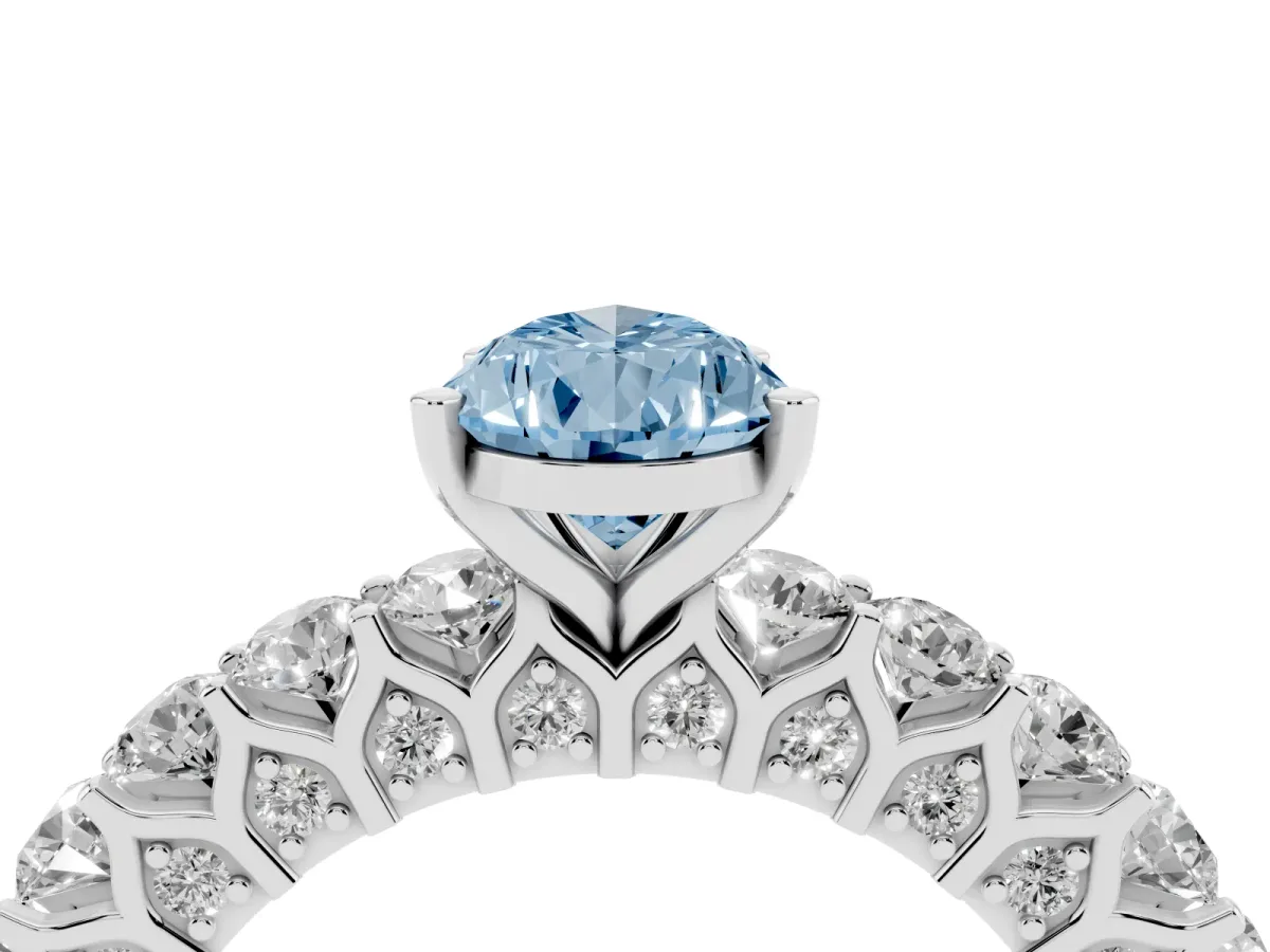 Fancy Blue Pear Cut Diamond Solitaire Ring with Shared Prong Pavé Band and Four-Prong Setting Silver