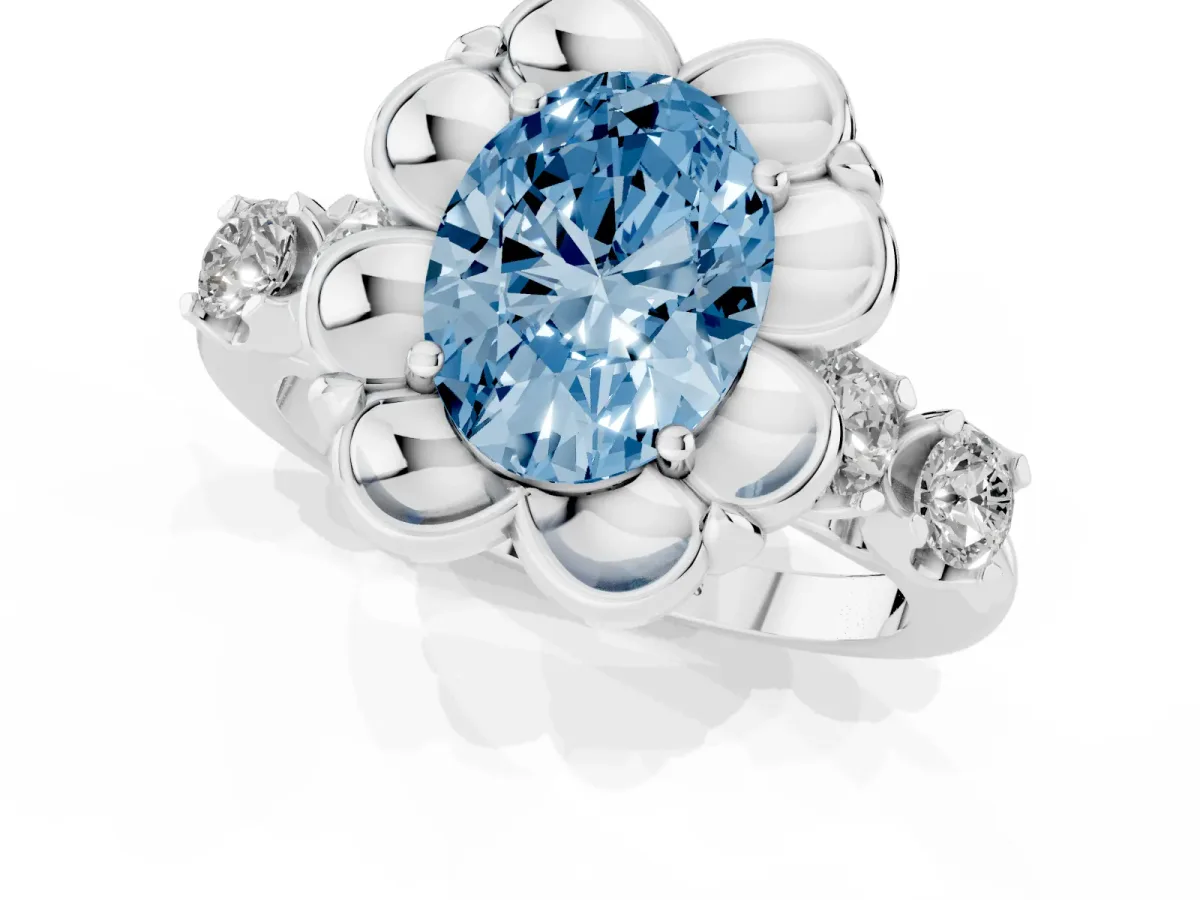Fancy Blue Oval Cut Cut Diamond Floral Halo Engagement Ring with Shared Prong Setting Platinum