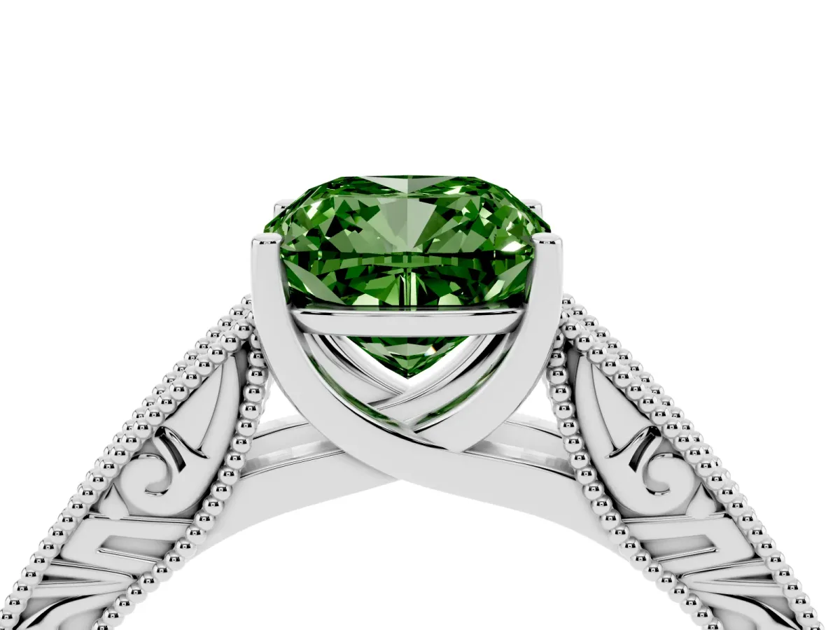 Fancy Green Cushion Cut Diamond Solitaire Ring with Engraved Band and Four-Prong Setting White gold