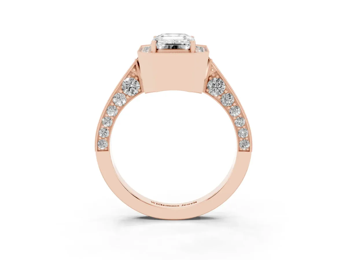 Emerald Cut Halo Diamond Engagement Ring with Split Shank Band and Four-Prong Setting Rose gold