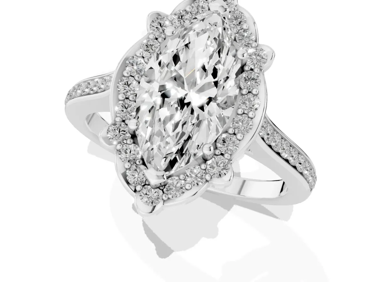 Marquise Cut Halo Round Diamond Pave Band with Four-Prong Setting Silver