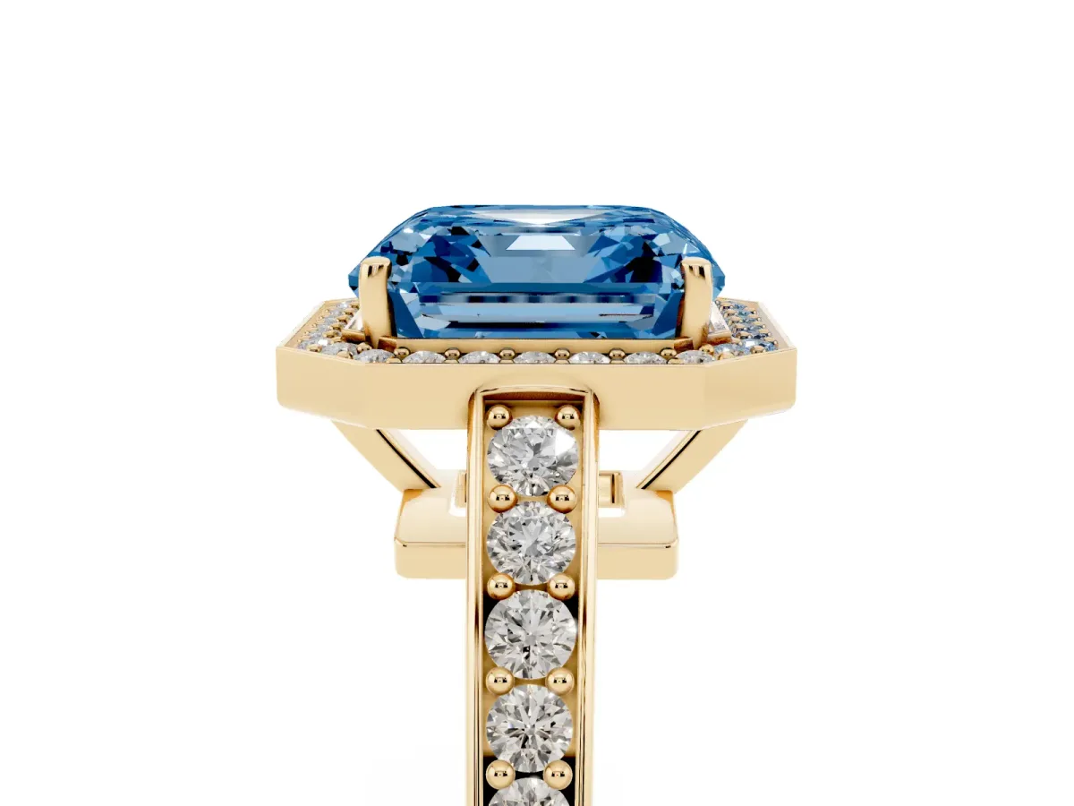 Fancy Blue Asscher Cut Halo Pavé Diamond Engagement Ring with Bezel Setting Yellow gold