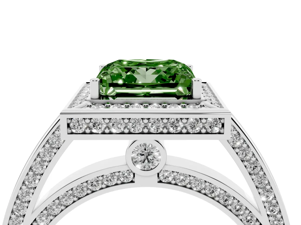 Fancy Green Princess Cut Cut Halo Pave Split Shank Prong Setting Ring Platinum
