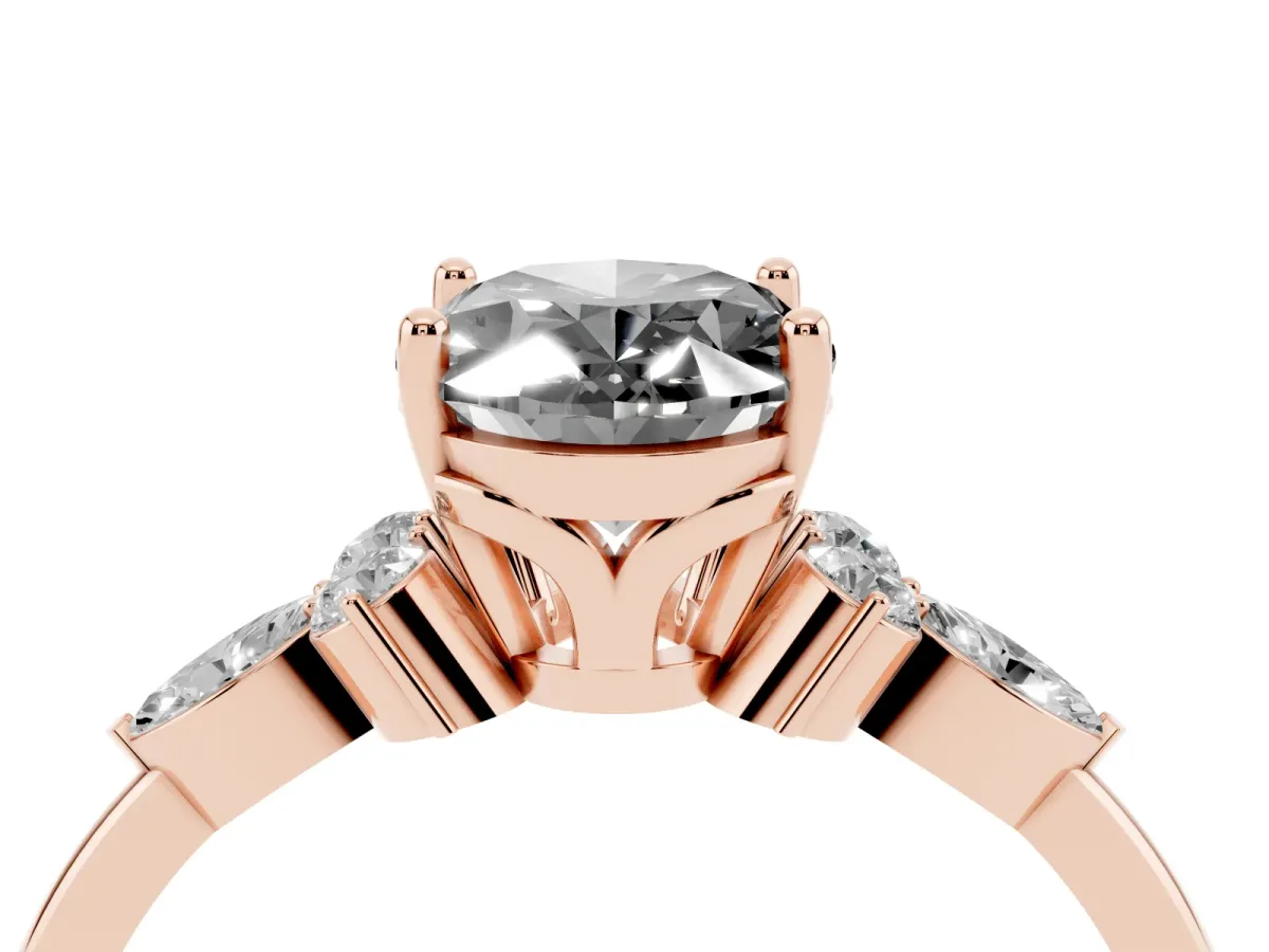 Fancy Black Oval Cut Brilliant Diamond Solitaire Ring with Pear Side Stones and Four-Prong Setting Rose gold