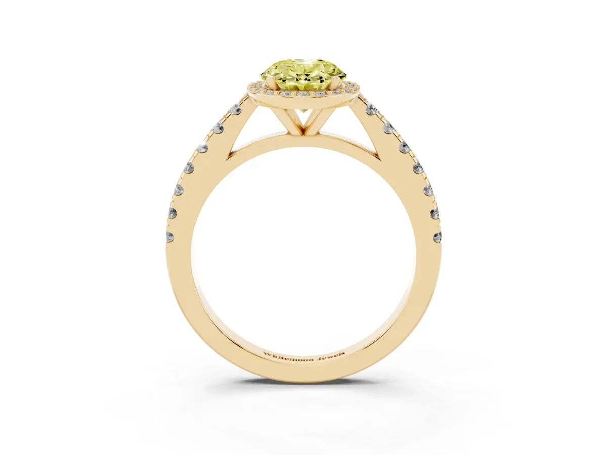 Fancy Yellow Oval Cut Cut Halo Diamond Engagement Ring with Pave Band and Four-Prong Setting Yellow gold