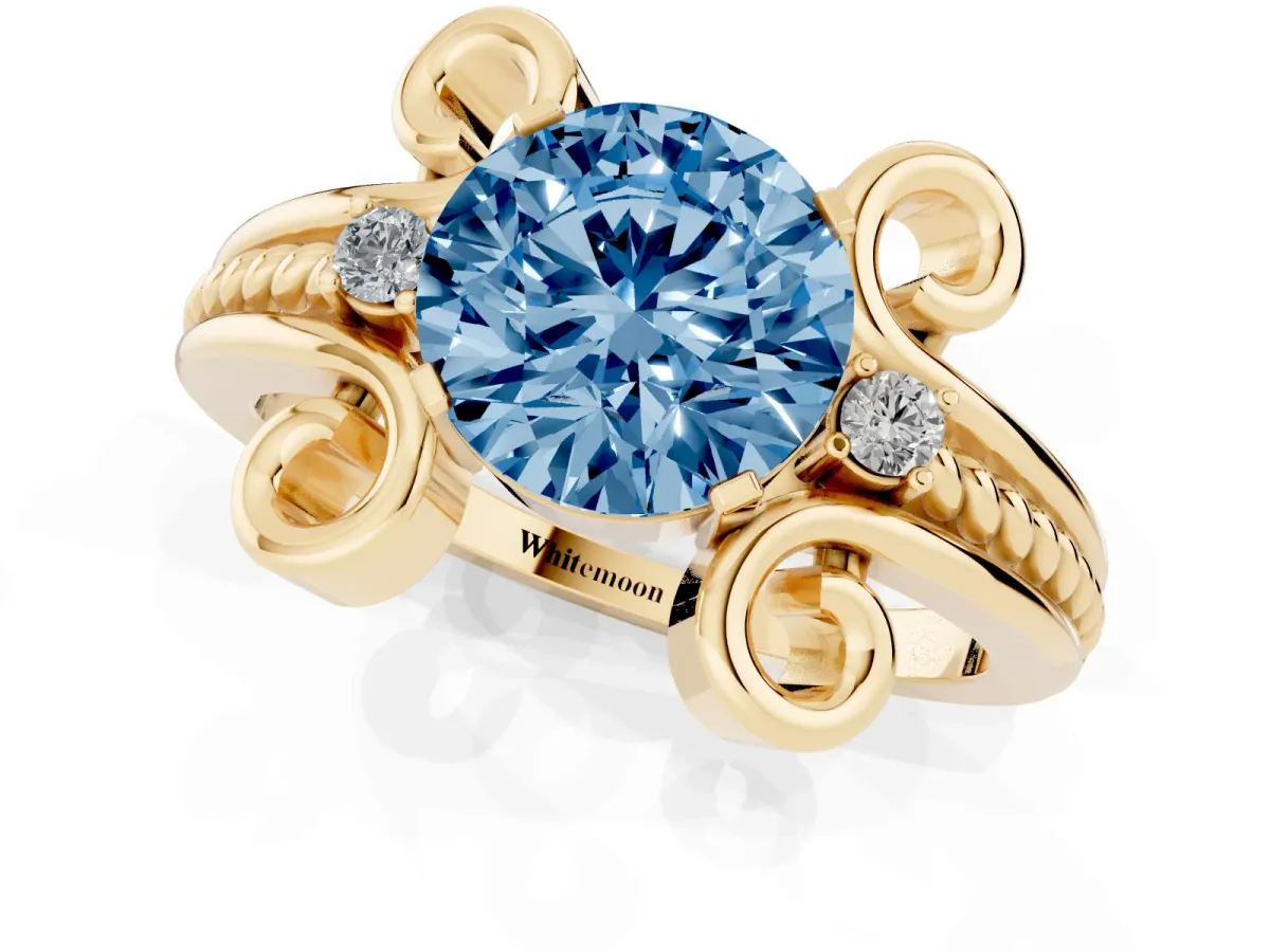 Fancy Blue Round Cut Solitaire Twisted Band Scroll Prong Ring Yellow gold