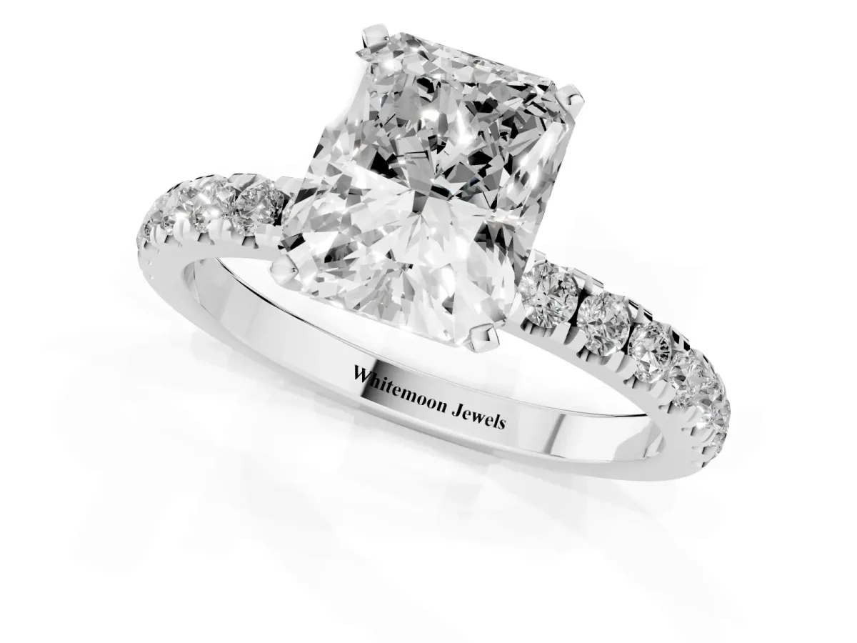 Radiant Cut Diamond Solitaire Ring with Pavé Accents and Four-Prong Setting Platinum