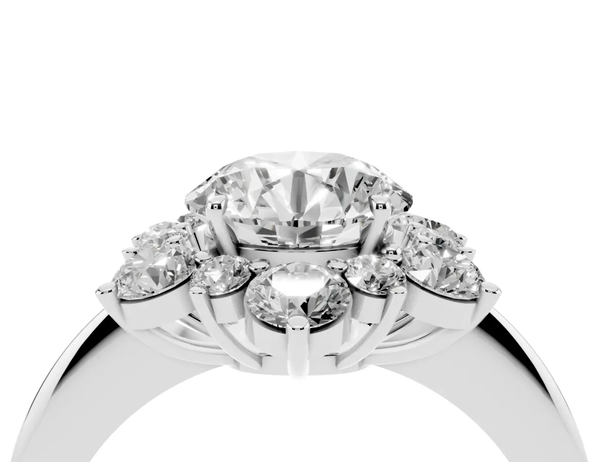 Round Cut Diamond Cluster Halo Ring with Solitaire Band and Four-Prong Setting Silver